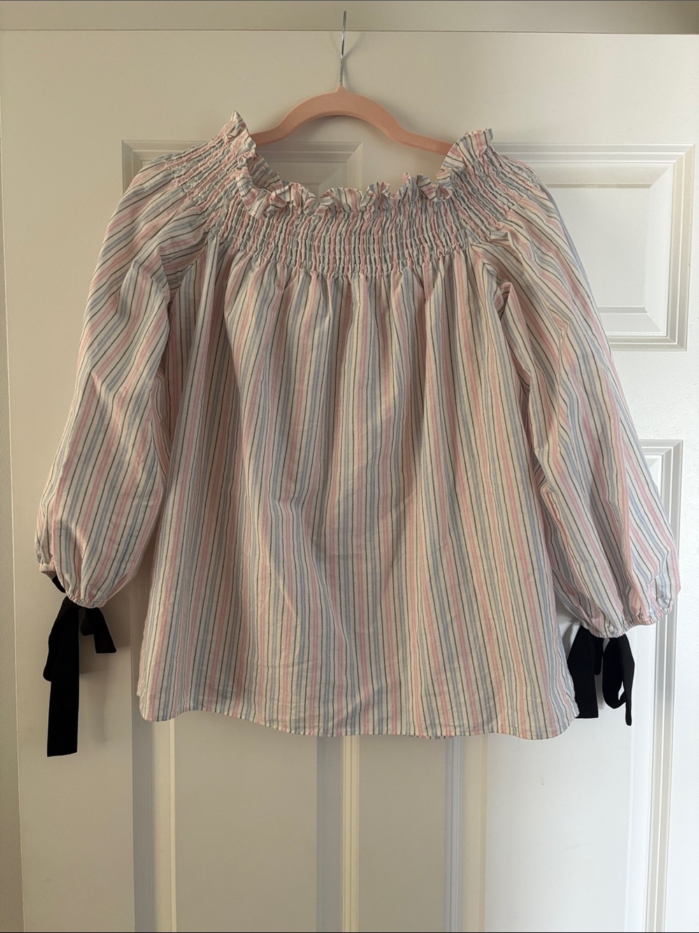 English Factory Off-the-Shoulder Striped Peasant Blouse in Pastel Stripe